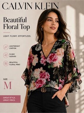 Calvin Klein Black Floral V-Neck Chiffon Top